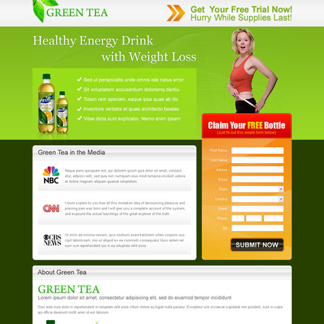 Green Tea Healthy Energy Drink For Weight Loss Landing Page Design For Sale Energy Drink Website Templates