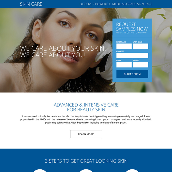 healthy skin care beauty treatment responsive landing page Skin Care example