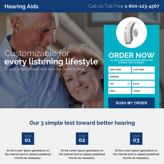 hearing aid device selling responsive landing page design Hearing Solutions example