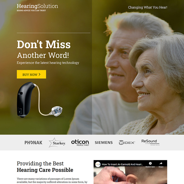 hearing solution product selling responsive landing page Hearing Solutions example