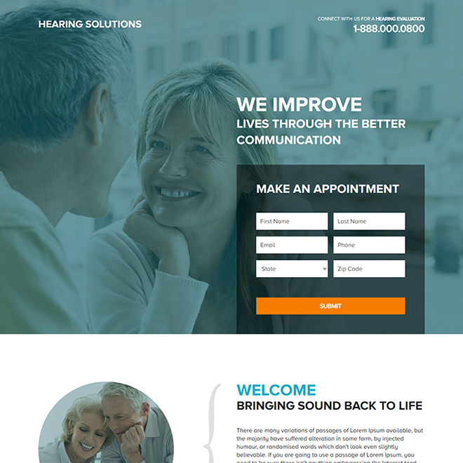 hearing loss treatment responsive landing page Hearing Solutions example