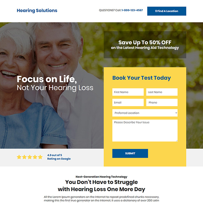 hearing solution test booking responsive landing page design Hearing Solutions example