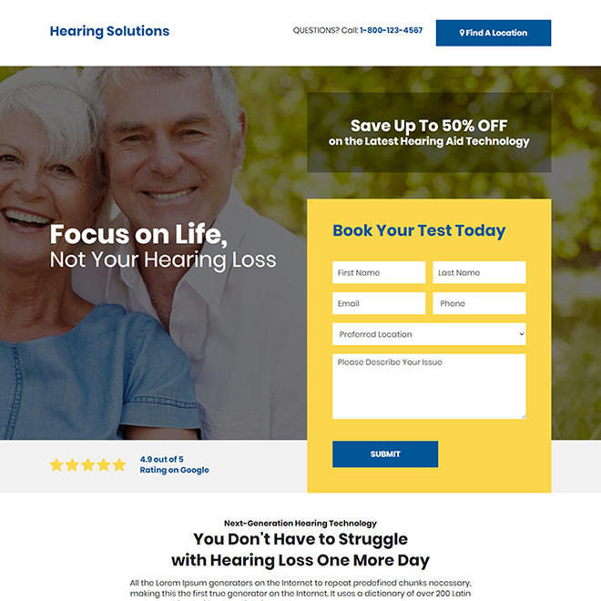 hearing solution test booking responsive landing page design