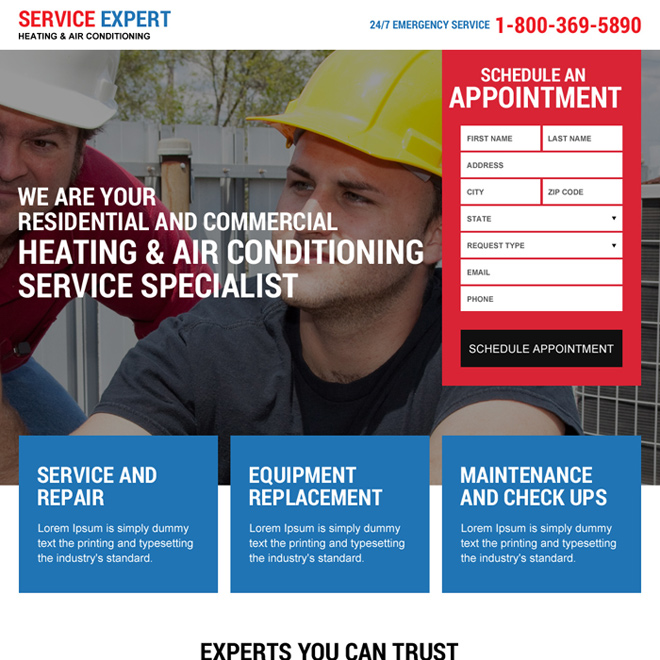 heating and air conditioning repair service responsive landing page design