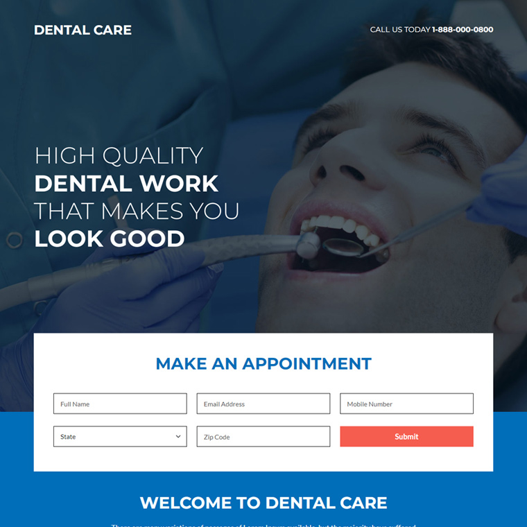 dental care clinics lead capture responsive landing page Dental Care example