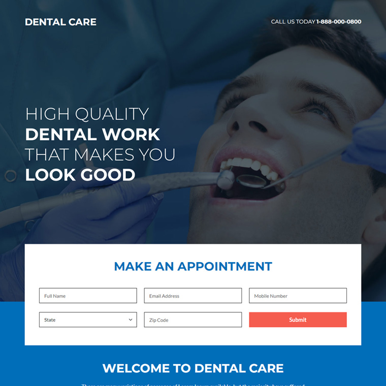 dental care clinics lead capture responsive landing page