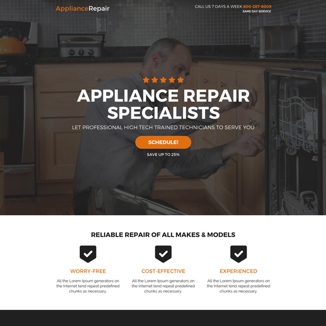 high tech appliance repair specialist responsive landing page design Appliance Repair example