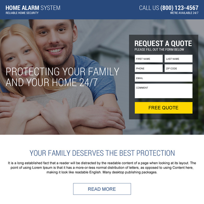 home alarm security responsive landing page design