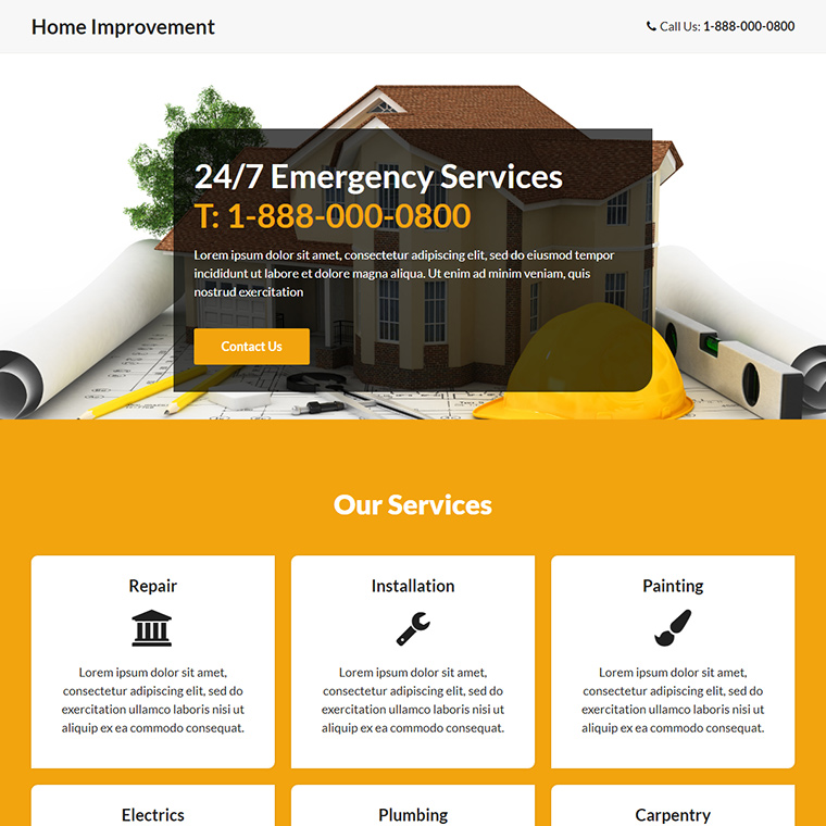 home improvement emergency services landing page Home Improvement example