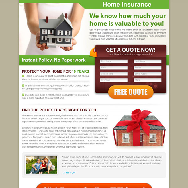 home insurance 2 column effective lead capture landing page design Home Insurance example