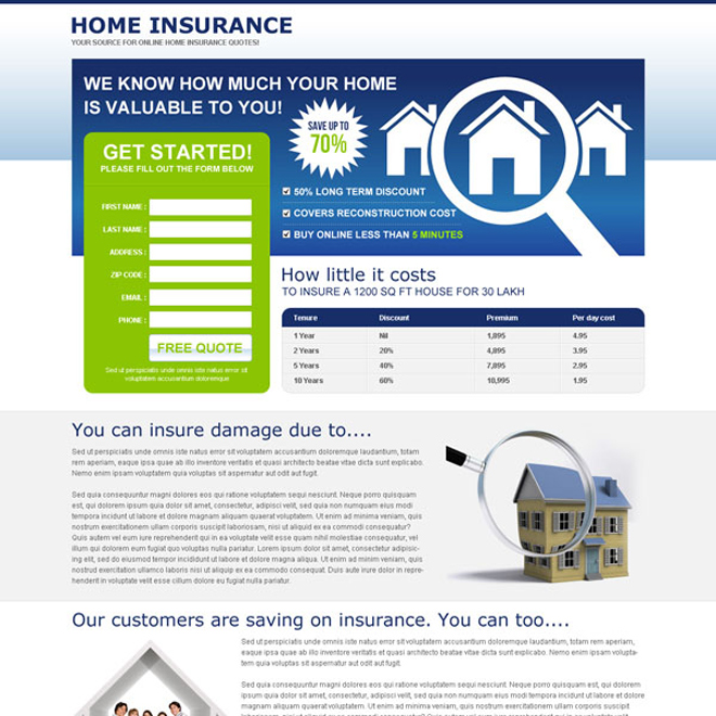 minimal home insurance fast and free quote lead gen splash page