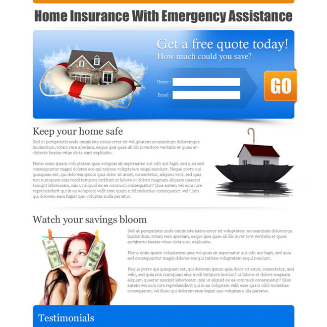 home insurance with emergency assistance lead capture page