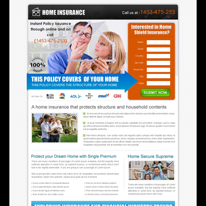 clean and converting home insurance policy lead capture landing page design Home Insurance example