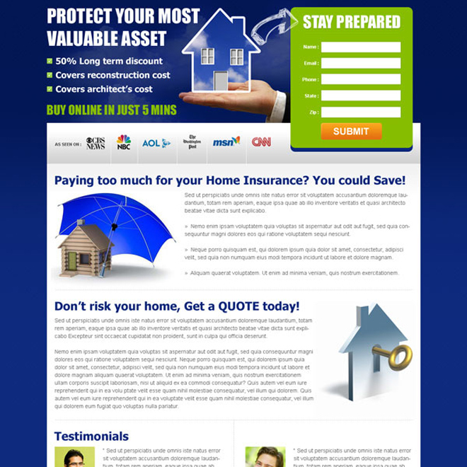 clean lead gen landing page for your home insurance business