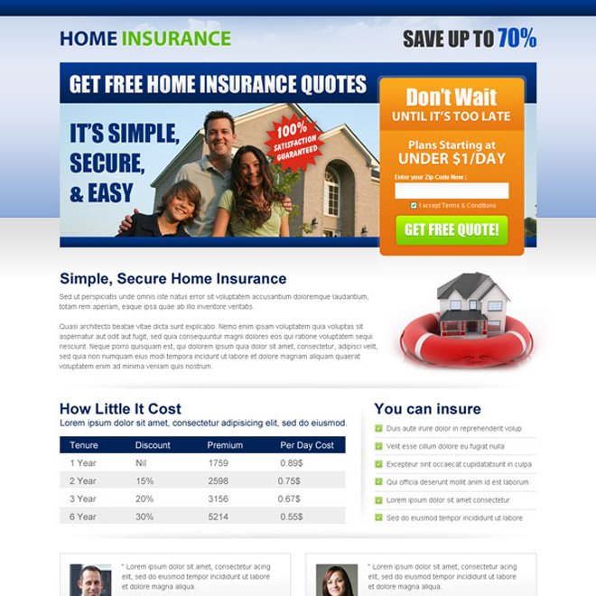 get home insurance free quote lead capture squeeze page