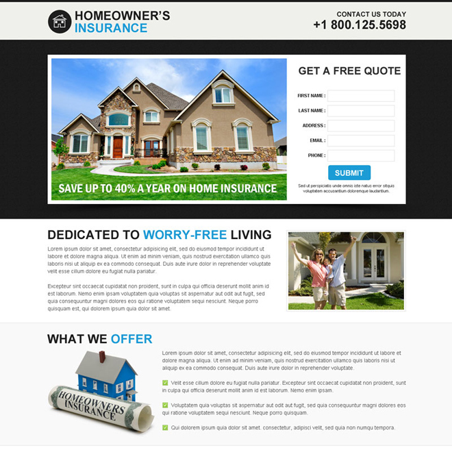 best insurance service for home owners lead capture responsive landing page design template Home Insurance example