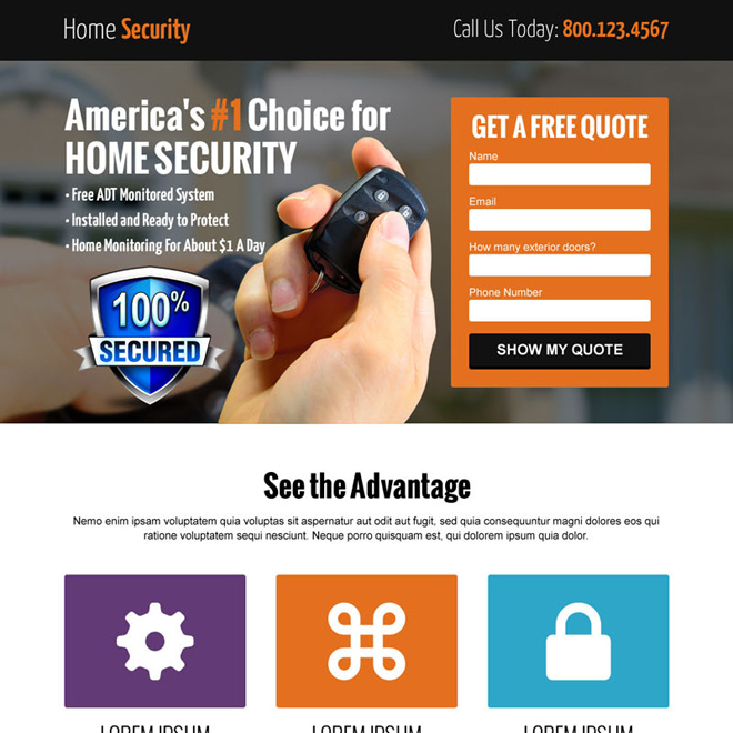 home security free quote lead capture landing page Security example