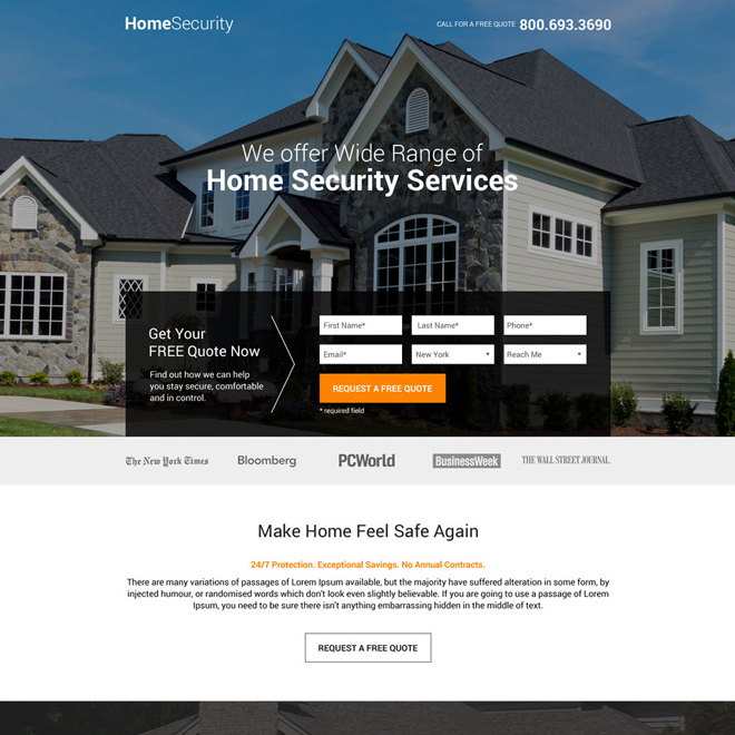 responsive home security service lead generating landing page