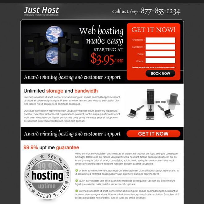 web hosting black and red lead capture lander design Web Hosting example