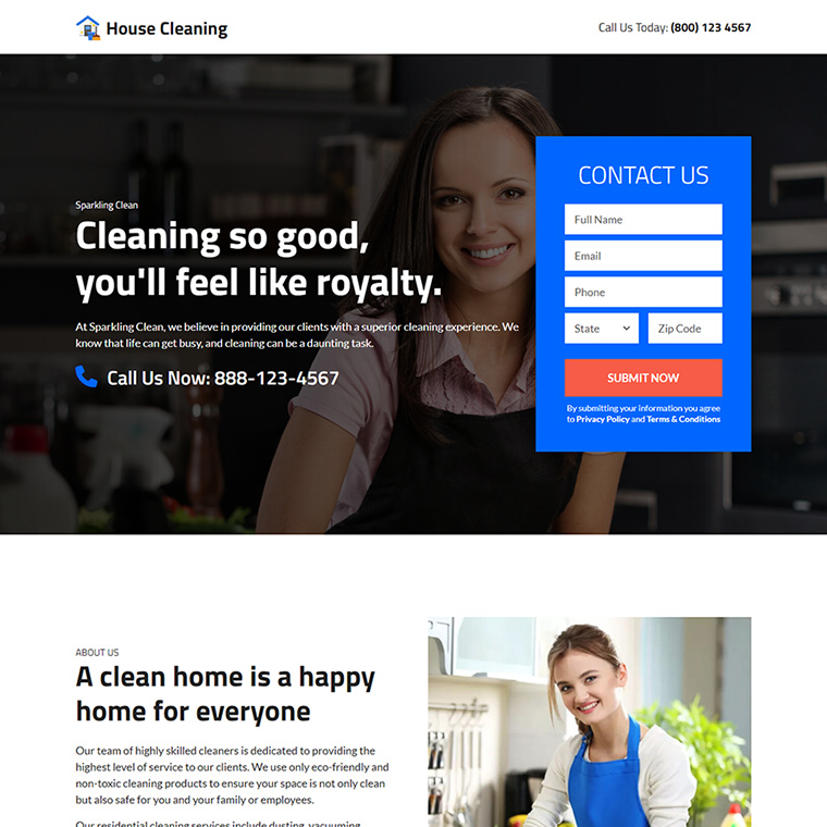 professional house cleaning service provider landing page
