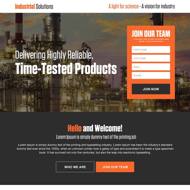 industrial solutions sign up capturing responsive landing page design Industrial example