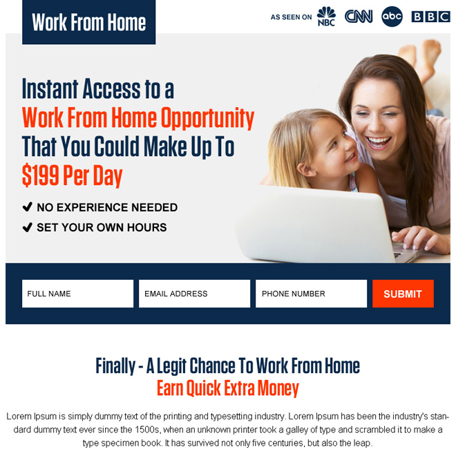 instant work from home opportunity ppv landing page design