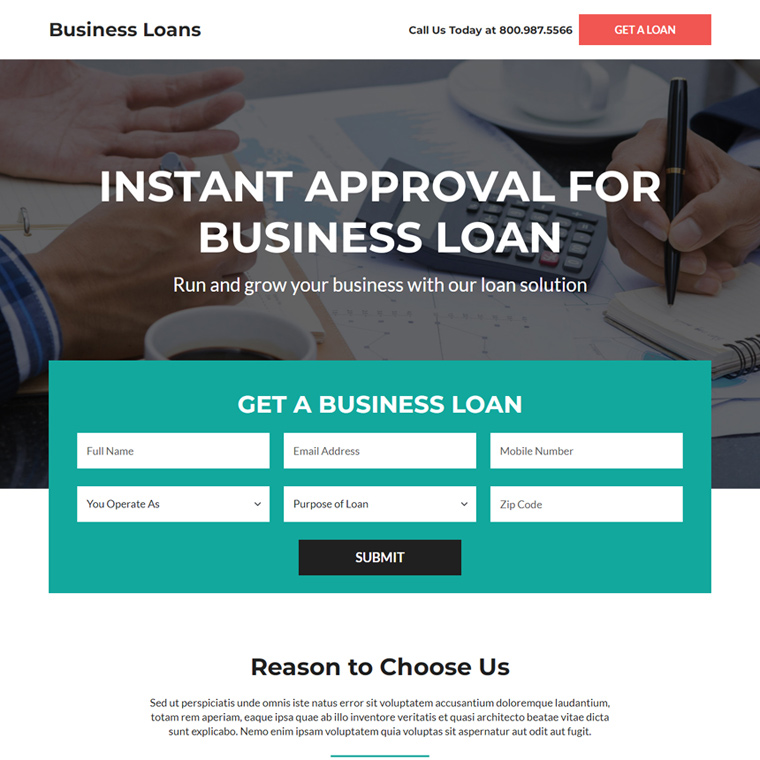 instant approval business loan responsive landing page Business Loan example