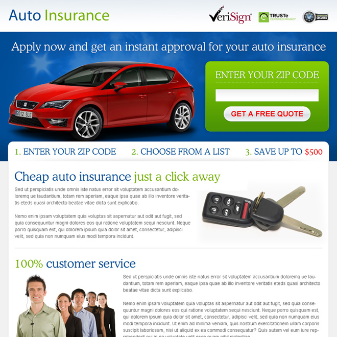 get instant approval on your auto insurance zip capture lead gen page design Auto Insurance example