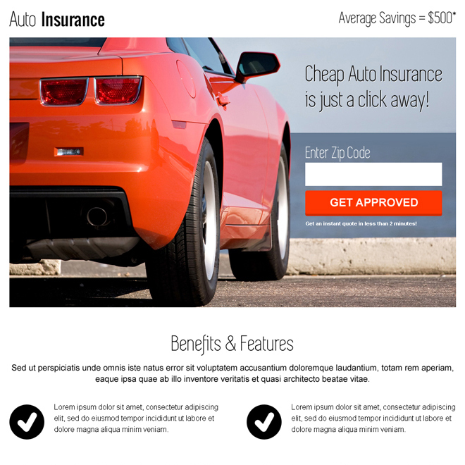 instant auto insurance zip capture clean responsive landing page Auto Insurance example