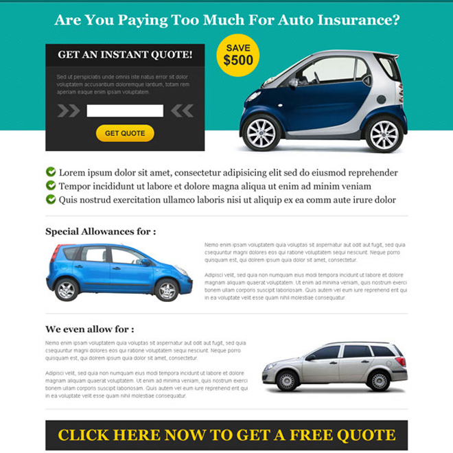 get instant quote for auto insurance landing page design Auto Insurance example