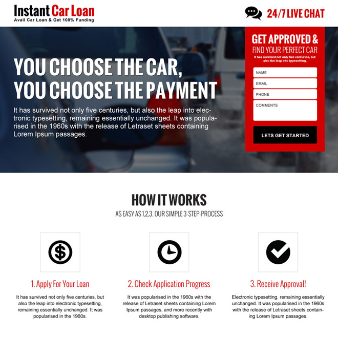 instant car loan approved lead gen responsive landing page