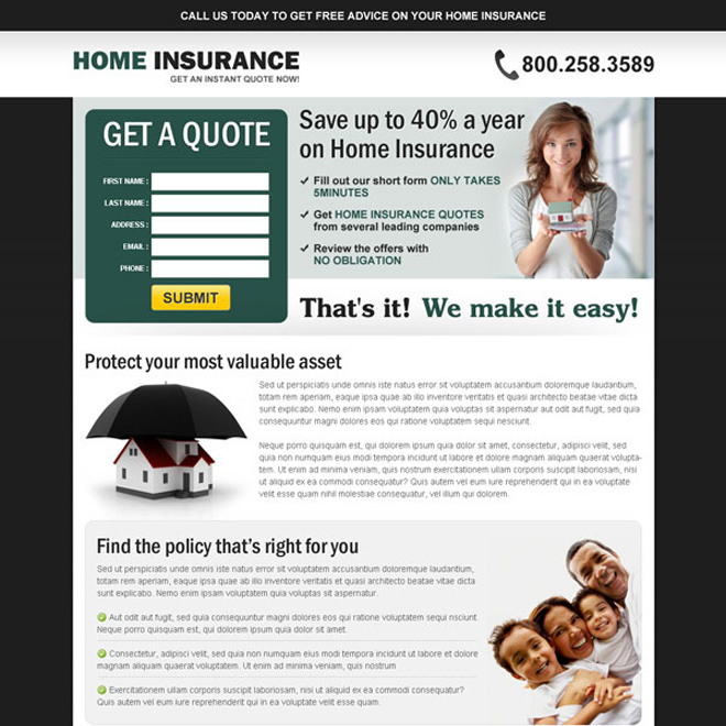 get a free quote on your home insurance converting squeeze page design to maximize your conversion Home Insurance example