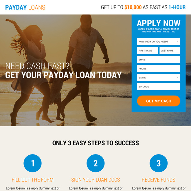 responsive instant payday cash loan landing page design Payday Loan example