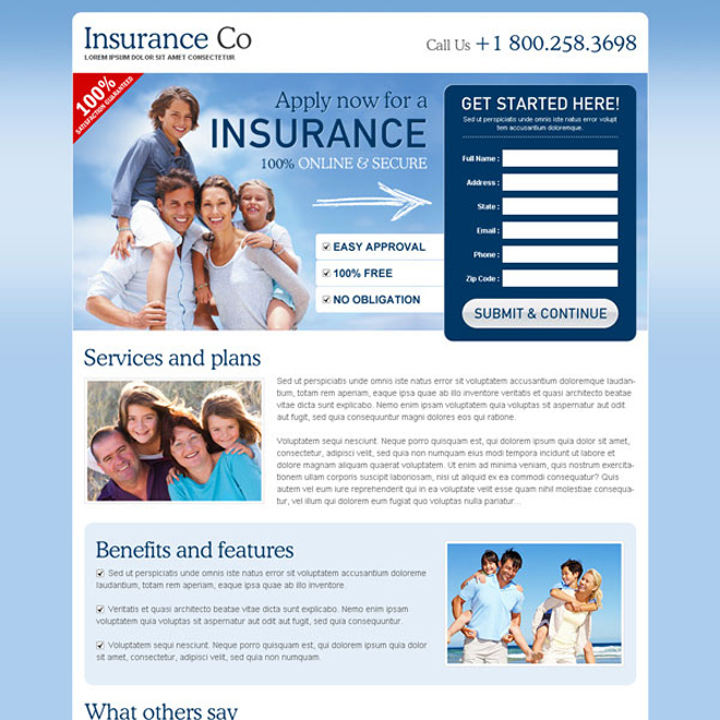 most effective and converting blue and white lead capture insurance landing page