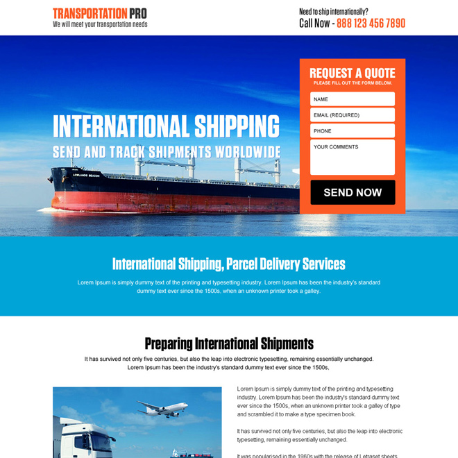 responsive international transportation service landing page