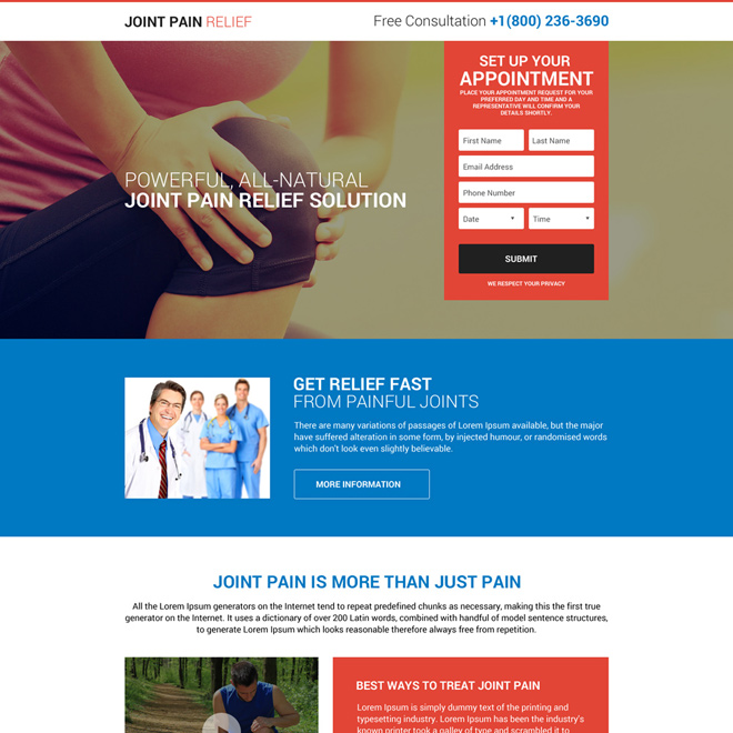 responsive joint pain relief free consultation lead capturing landing page design