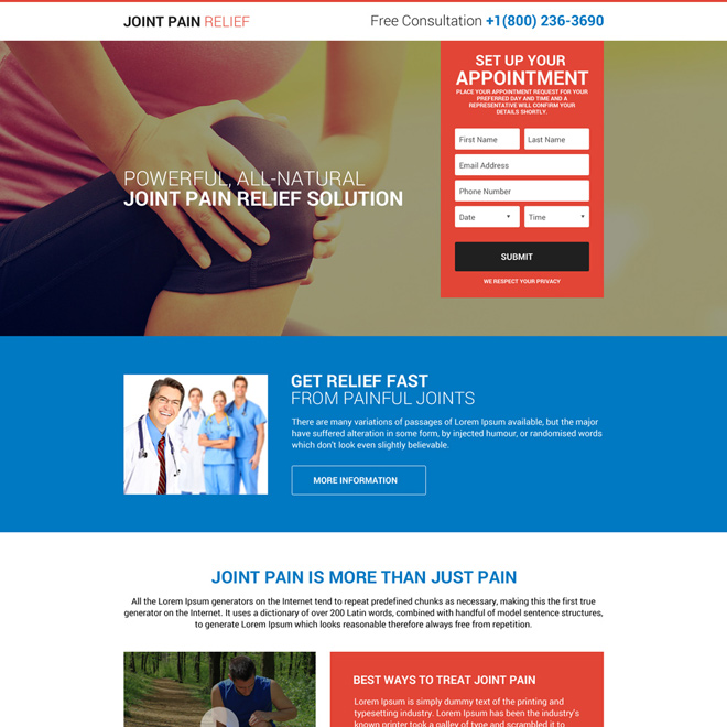 responsive joint pain relief free consultation lead capturing landing page design Pain Relief example