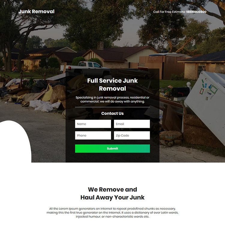 junk trash removal lead capture responsive landing page design Cleaning Services example