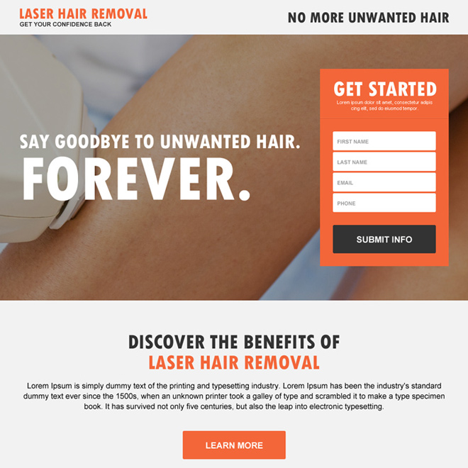 responsive laser hair removal lead capturing landing page Hair Removal example