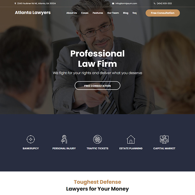 professional law firm free consultation responsive website design Attorney and Law example
