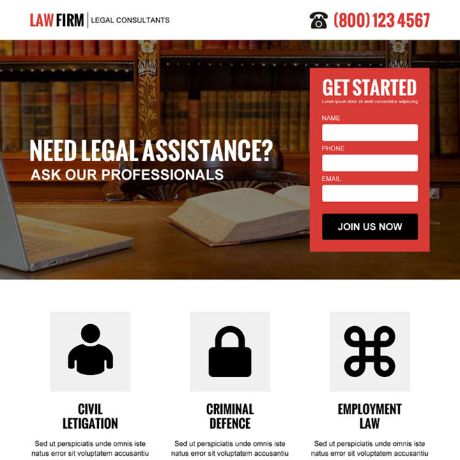 law firm clean and professional lead capture responsive landing page design Attorney and Law example