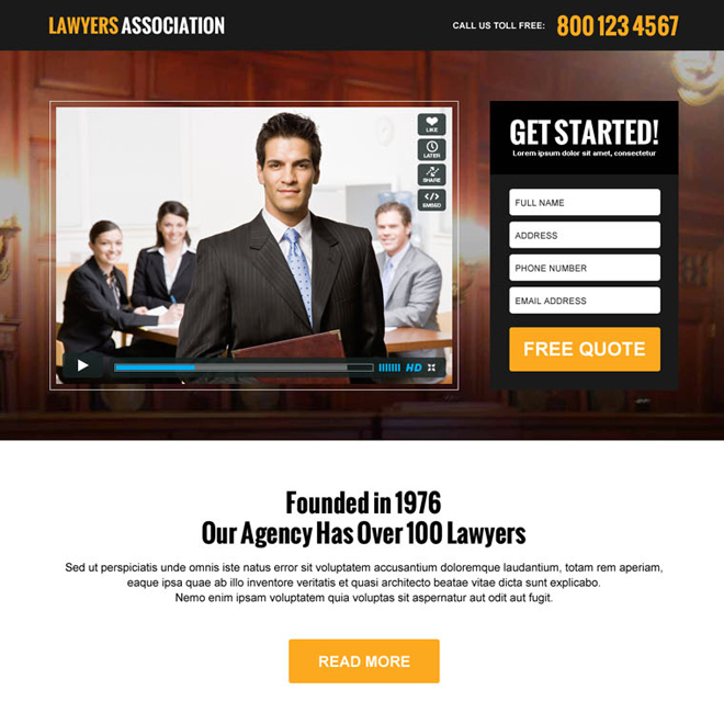 lawyers association responsive video landing page design template Attorney and Law example