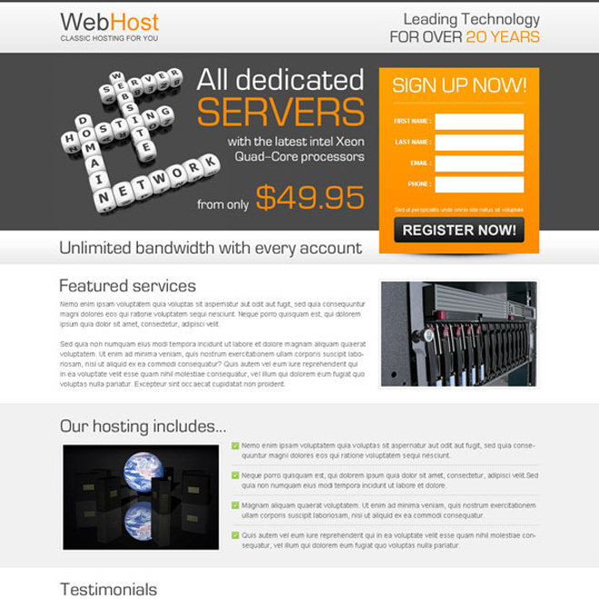 unlimited bandwidth web hosting lead capture page design Web Hosting example