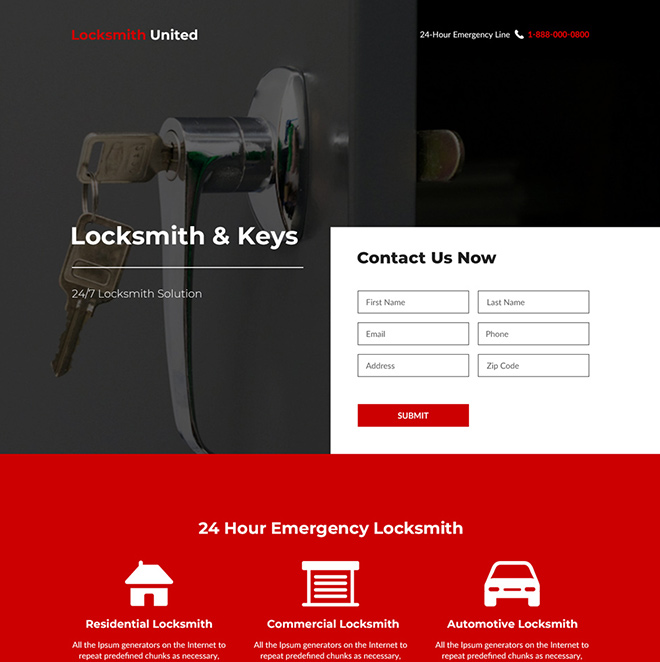 emergency locksmith and key services responsive landing page design Locksmith example