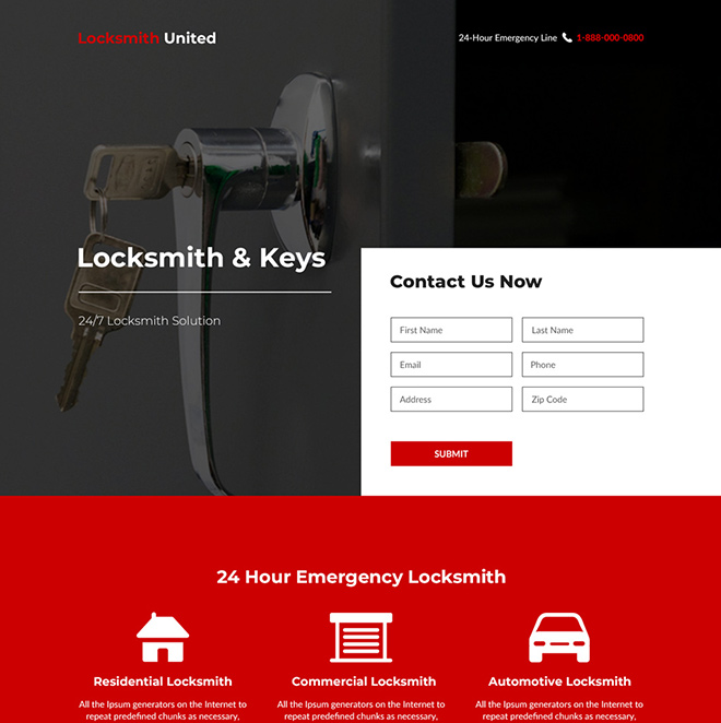 emergency locksmith and key services responsive landing page design