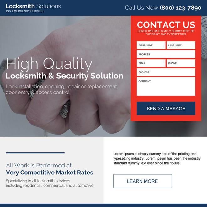 emergency locksmith service solution responsive landing page design