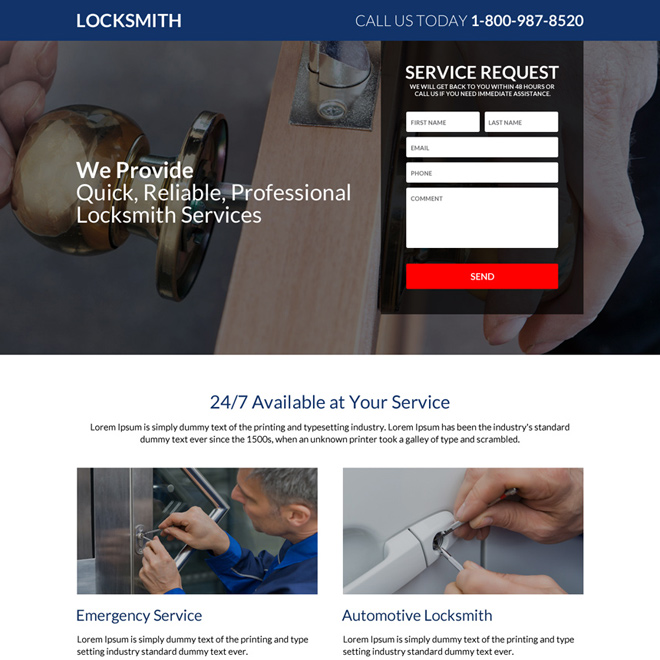 responsive locksmith service request lead generating landing page Locksmith example