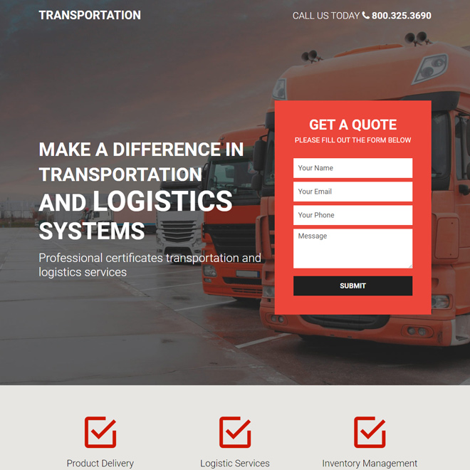 transportation and logistics services responsive landing page design Transportation example