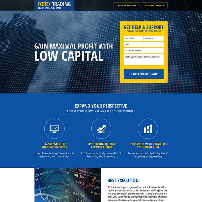 responsive low capital forex trading landing page design