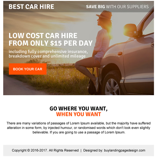 low cost car hire ppv landing page design